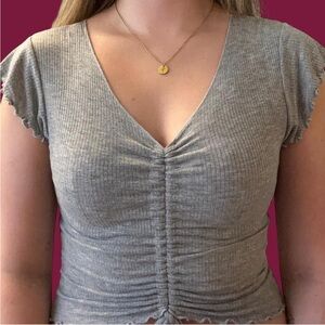 Gray Flutter Sleeve Ruched Blouse